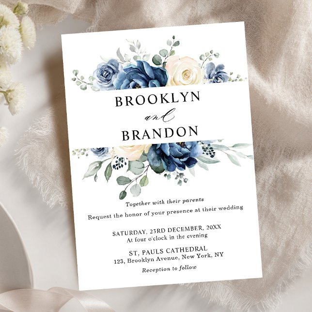 Dusty Blue Navy Champagne Ivory Floral Wedding Invitation (Dusty Blue Navy Champagne Ivory Floral Wedding Invitation)