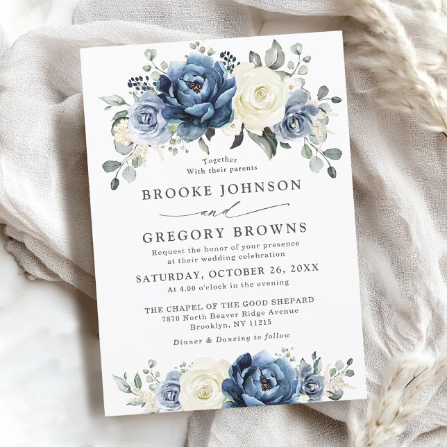 Dusty Blue Navy Champagne Ivory Floral Wedding  Invitation (Dusty Blue Navy Champagne Ivory Floral Wedding Invitation)