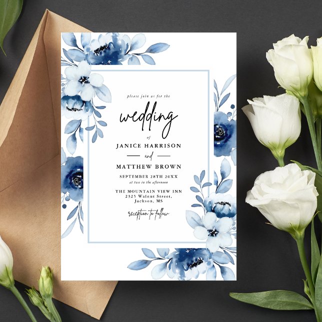 Dusty Blue Navy Champagne Ivory Floral Wedding Invitation (Creator Uploaded)