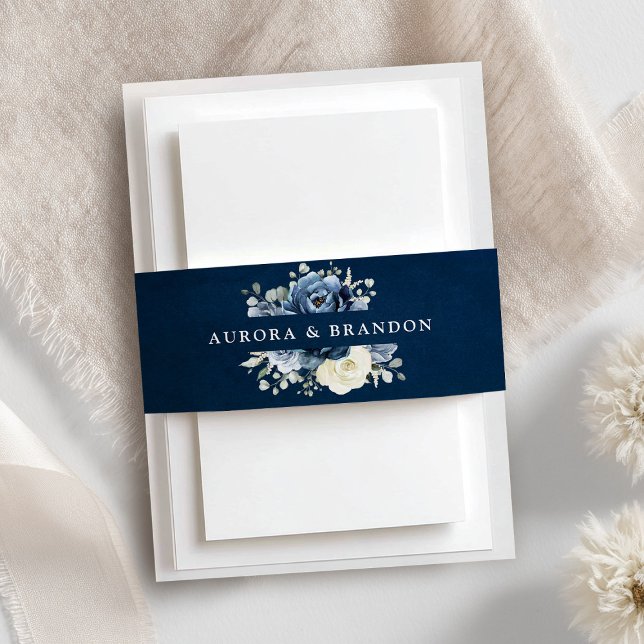 Dusty Blue Navy Champagne Ivory Floral Wedding Invitation Belly Band (Dusty Blue Navy Champagne Ivory Floral Wedding Invitation Belly Band)