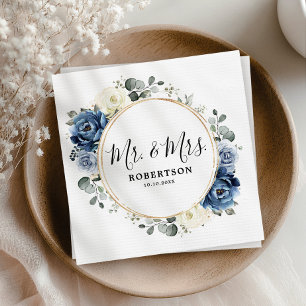 Dusty Blue Navy Champagne Ivory Floral Wedding Napkin