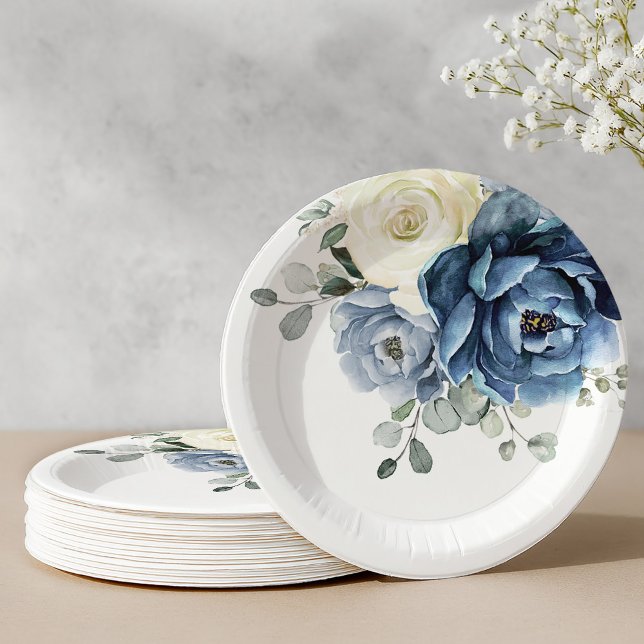 Dusty Blue Navy Champagne Ivory Floral Wedding Pap Paper Plate (Dusty Blue Navy Champagne Ivory Floral Wedding Pap Paper Plates)