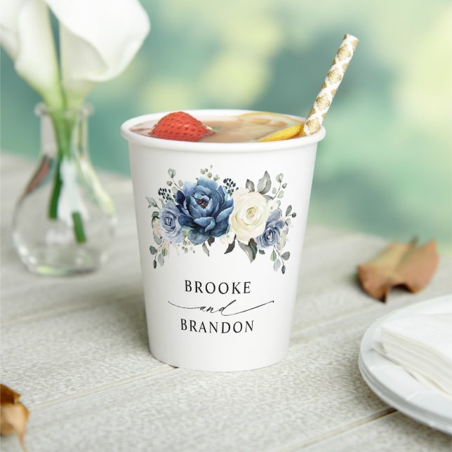 Dusty Blue Navy Champagne Ivory Floral Wedding Paper Cups (Insitu)