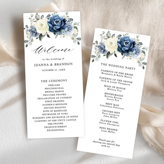 Dusty Blue Navy Champagne Ivory Floral Wedding Programme (Dusty Blue Navy Champagne Ivory Floral Wedding Program card)