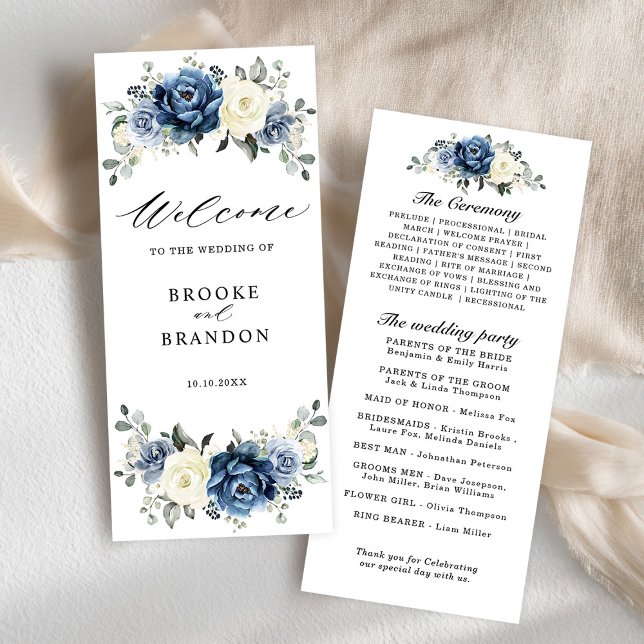 Dusty Blue Navy Champagne Ivory Floral Wedding Programme (Dusty Blue Navy Champagne Ivory Floral Wedding Program card)