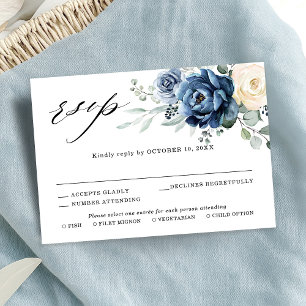 Dusty Blue Navy Champagne Ivory Floral Wedding RSV RSVP Card
