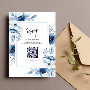 Dusty Blue Navy Champagne Ivory Floral Wedding RSVP Card
