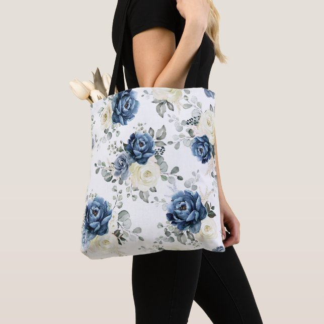 Dusty Blue Navy Champagne Ivory Floral Wedding Tot Tote Bag (Close Up)