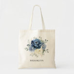 Dusty Blue Navy Champagne Ivory Floral Wedding Tote Bag<br><div class="desc">Dusty blue floral wedding bridesmaid gift totebag featuring elegant bouquet of navy blue, royal blue , white , gold, champagne ivory, blush colour rose , ranunculus flower buds and sage green eucalyptus leaves and elegant watercolor bouquet. Please contact me for any help in customisation or if you need any other...</div>