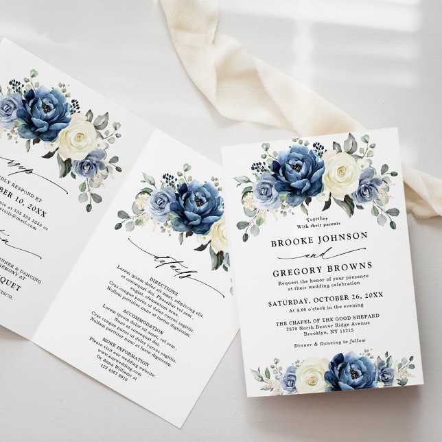Dusty Blue Navy Champagne Ivory Folded Wedding Invitation (Dusty Blue Navy Champagne Ivory Floral Wedding Invitation)