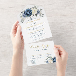 Dusty Blue Navy Champagne Ivory gold Wedding All In One Invitation