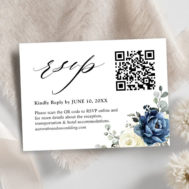 Dusty Blue Navy Champagne Ivory QR code RSVP Enclosure Card (Dusty Blue Navy Champagne Ivory QR code RSVP Enclosure Card)