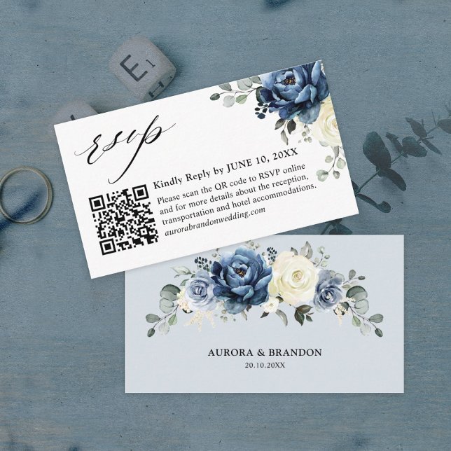 Dusty Blue Navy Champagne Ivory QR code RSVP Enclosure Card (Creator Uploaded)