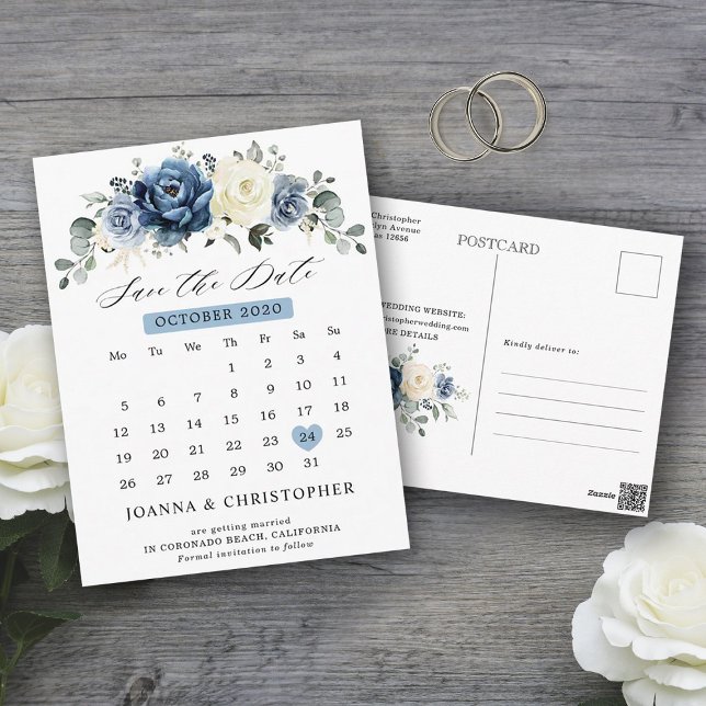 Dusty Blue Navy Champagne Ivory Save the Date Postcard (Creator Uploaded)