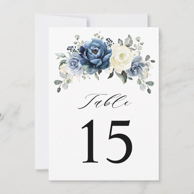 Dusty Blue Navy Champagne Ivory table number card (Front)