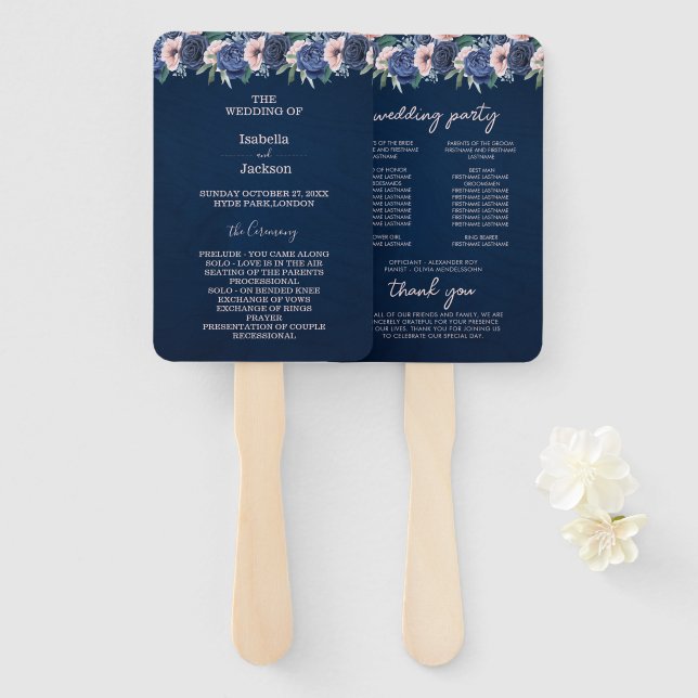 Dusty Blue Navy Champagne Ivory Wedding  Hand Fan (Front and Back)