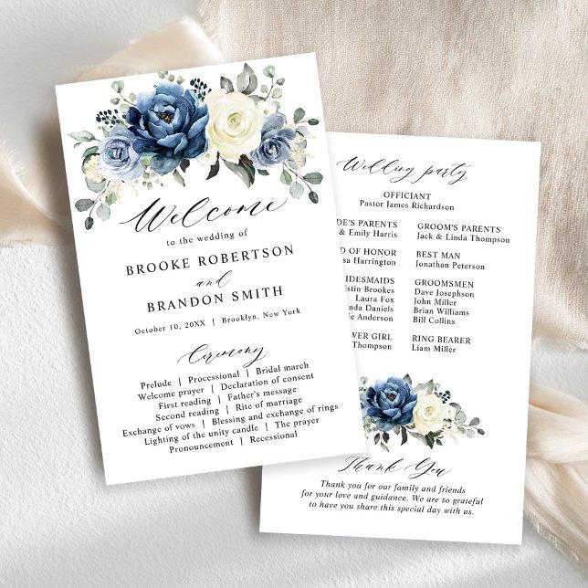 Dusty Blue Navy Champagne Ivory Wedding Program (Dusty Blue Navy Champagne Ivory Wedding Program card)