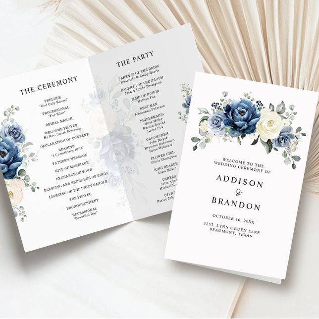 Dusty Blue Navy Champagne Ivory Wedding Program (Dusty Blue Navy Champagne Ivory folded Wedding Program)