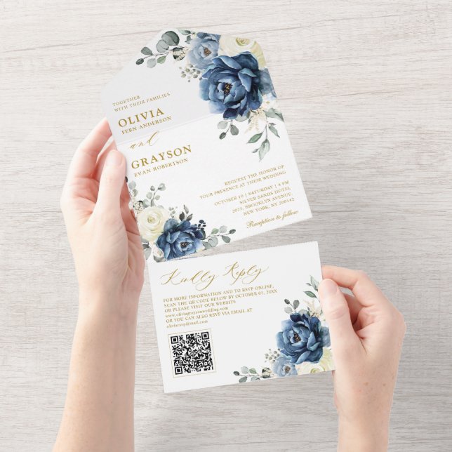 Dusty Blue Navy Champagne Ivory Wedding QR Code All In One Invitation (Tearaway)