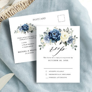 Dusty Blue Navy Champagne Ivory Wedding RSVP Postc Postcard