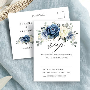 Dusty Blue Navy Champagne Ivory Wedding RSVP Postcard