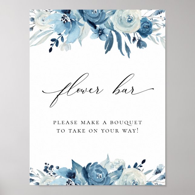 Dusty Blue Navy Floral Bridal Shower Flower Bar Poster (Front)
