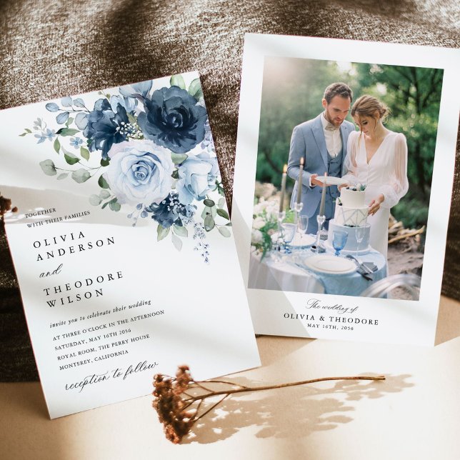 Dusty Blue Navy Floral Elegant Photo Back Wedding Invitation (Dusty blue navy floral photo back wedding invitation card with elegant picture layout in warm light)