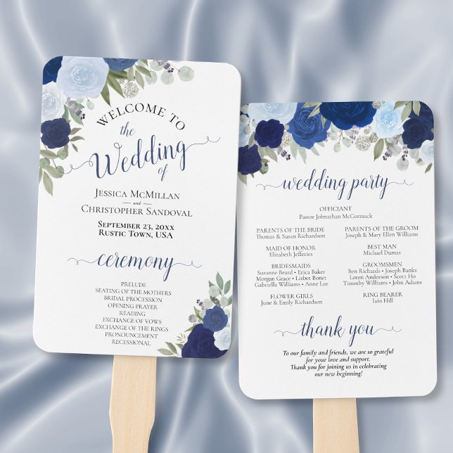 Dusty Blue & Navy Floral Elegant Wedding Program Hand Fan (Front/Back)