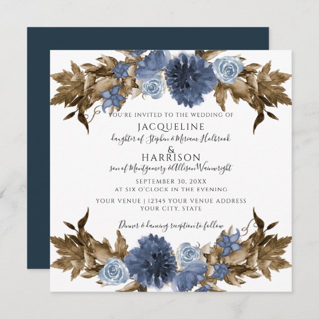 Dusty Blue Navy Floral Fall Brown Foliage Wedding Invitation (Front/Back)