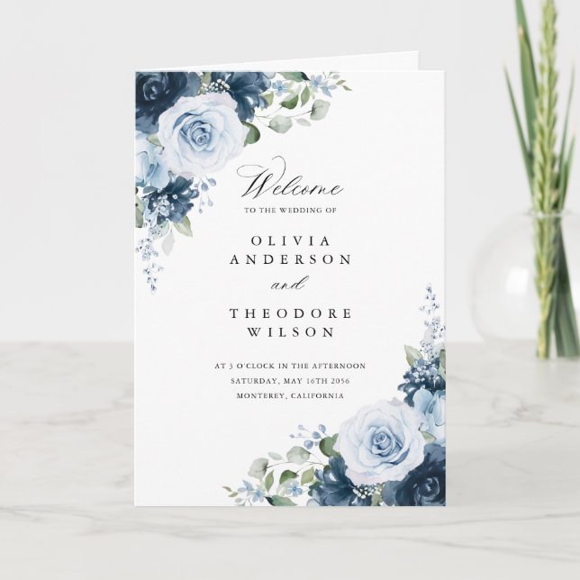 Dusty Blue Navy Floral Folded Wedding Ceremony Programme (Front)