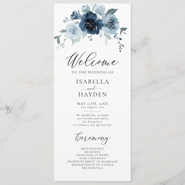 Dusty Blue Navy Floral Rustic Watercolor Wedding Programme (Front)