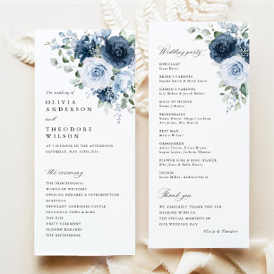 Dusty Blue Navy Floral Watercolor Wedding Ceremony Programme
