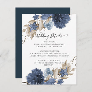 Dusty Blue Navy Floral Watercolor Wedding Details Invitation