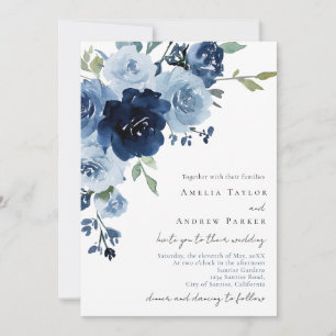 Dusty Blue Navy Floral Wedding Invitation