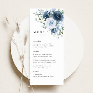 Dusty Blue Navy Floral Wedding Reception Dinner Menu