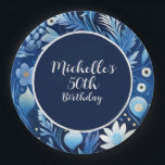 Dusty Blue Navy Flowers 50th Birthday  Paper Plate<br><div class="desc">Add a touch of elegance to your birthday celebration with these custom round paper plates, designed with whimsical navy blue and dusty blue flowers. Perfect for women’s birthday parties, these plates can be personalised with the guest of honour’s name and age in a beautiful handwritten script font. Whether you’re serving...</div>