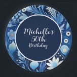 Dusty Blue Navy Flowers 50th Birthday  Paper Plate<br><div class="desc">Add a touch of elegance to your birthday celebration with these custom round paper plates, designed with whimsical navy blue and dusty blue flowers. Perfect for women’s birthday parties, these plates can be personalised with the guest of honour’s name and age in a beautiful handwritten script font. Whether you’re serving...</div>