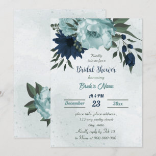Dusty blue &navy flowers botanical bridal shower invitation