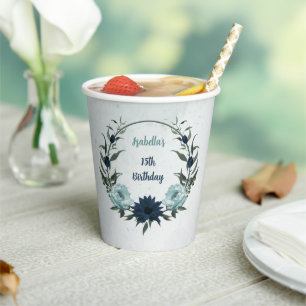 Dusty blue navy flowers botanical paper cups