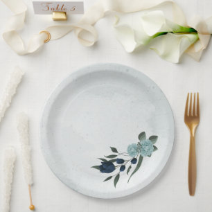 Dusty blue navy flowers botanical paper plate