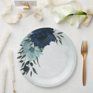 Dusty blue navy flowers botanical paper plate
