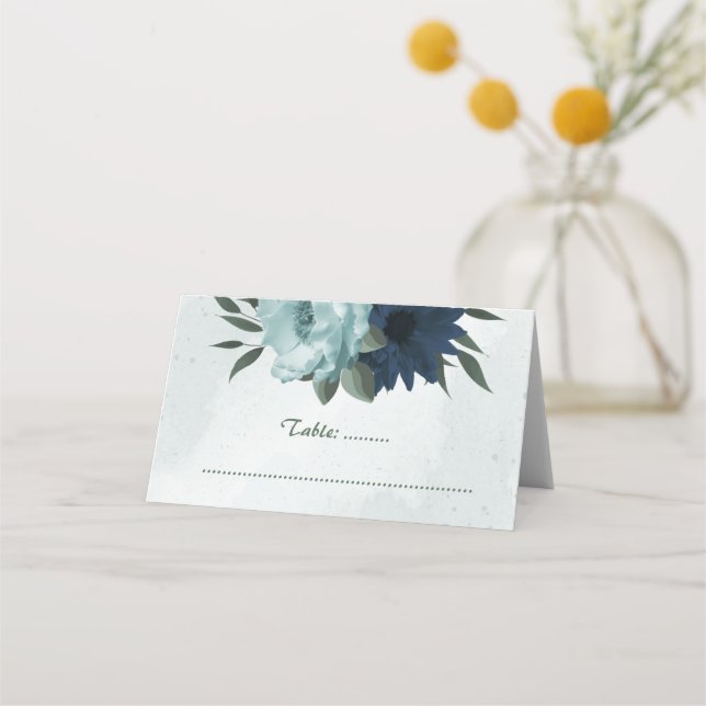 Dusty blue navy flowers botanical place card (Front)