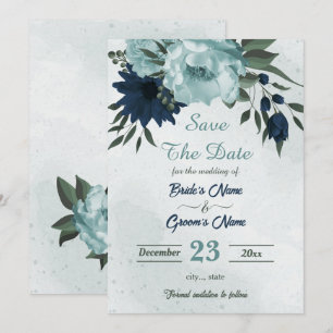 Dusty blue navy flowers botanical save the date