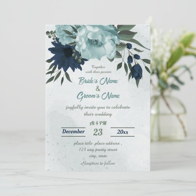 Dusty blue &navy flowers botanical wedding  invitation (Standing Front)