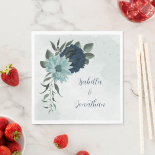 Dusty blue navy flowers botanical wedding napkin