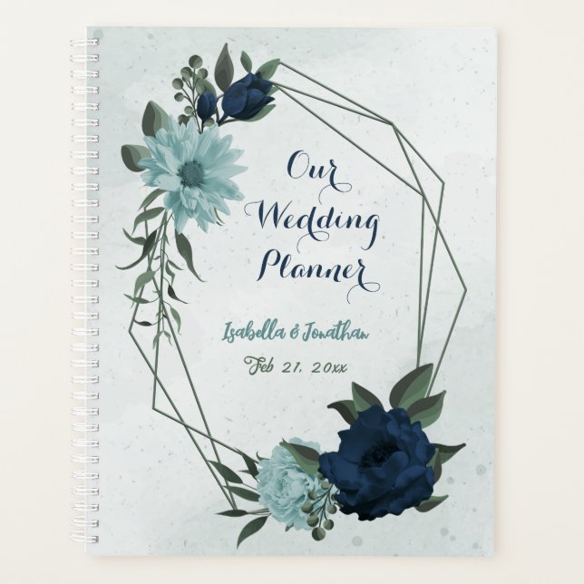 Dusty blue navy flowers botanical wedding planner (Front)