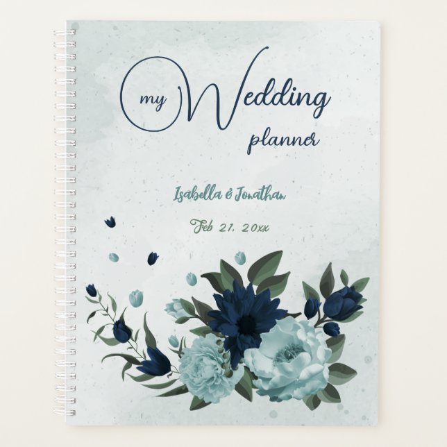 Dusty blue navy flowers botanical wedding planner (Front)