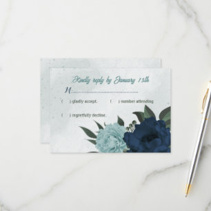Dusty blue &navy flowers botanical wedding RSVP card