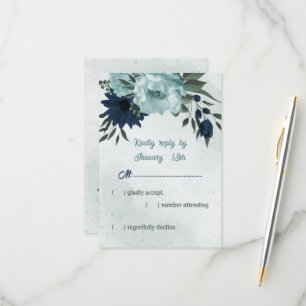 Dusty blue &navy flowers botanical wedding RSVP card