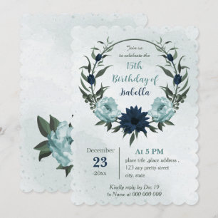 Dusty blue navy flowers botanical wreath birthday invitation